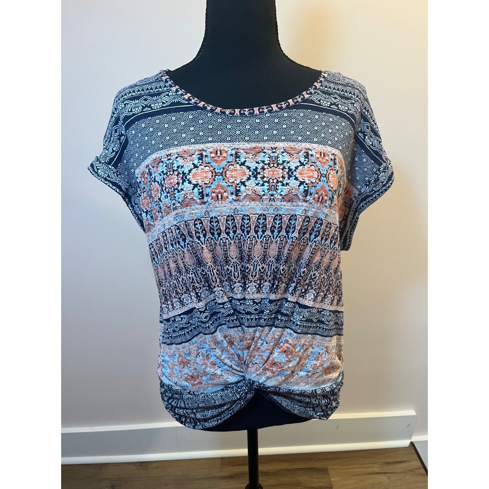 Lucky Brand Women Navy Blue Orange Medallion Print Twist Front Top Small